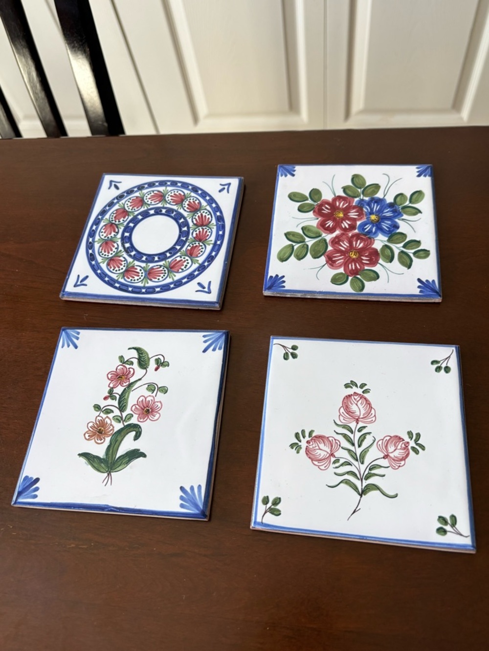 VTG Hand-Painted Spanish Toledo Ceramic Tiles Floral Trivet Coasters Decor 4pcs.